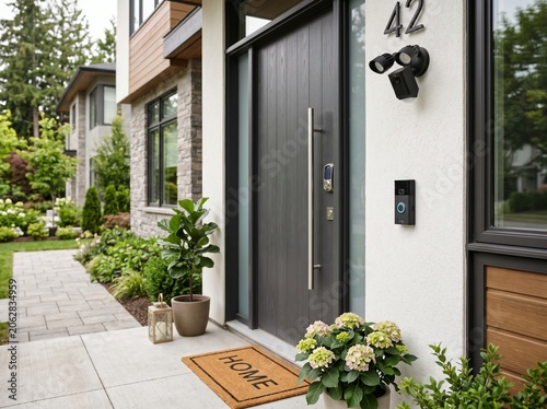 Modern dark grey front door featuring a sleek silver handle with a smart video doorbell and motion sensor security light mounted on the white stucco exterior wall of a house