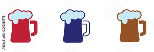 Foto Beer Mug Icons: A trio of stylized beer mugs, each filled with foamy, refreshing beverage, presented in vibrant red, blue, and brown hues