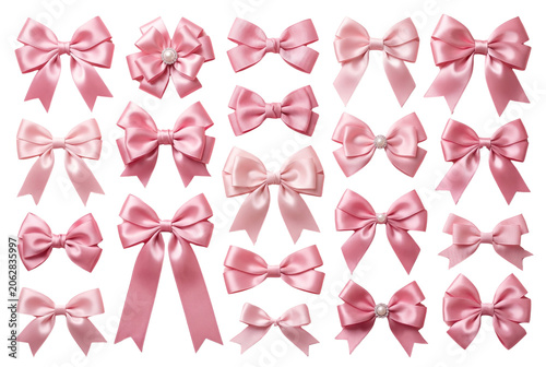 Large Collection of Various Pink Satin and Grosgrain Ribbon Bows with Pearl Decorations on Pink Background
