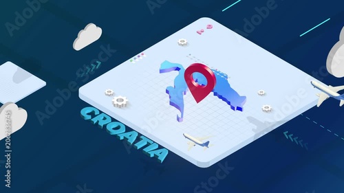 Isometric 3D Render of Croatia Map with Red Location Pin Pointer and Floating Airplanes