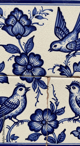 Blue and white ceramic tile pattern with birds and floral motifs, showcasing traditional craftsmanship and artistry, evoking historical charm and elegance
