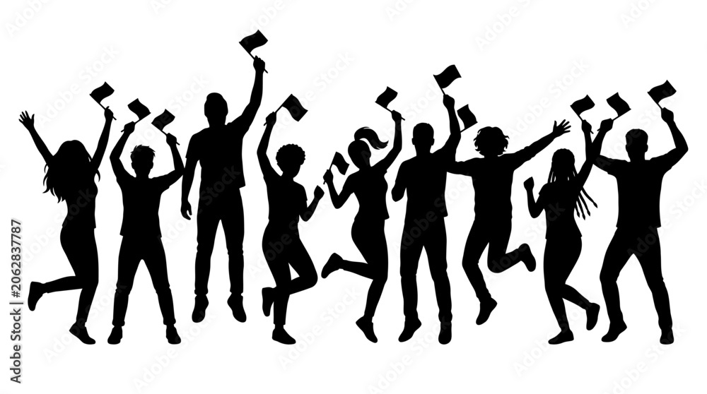 Fototapeta premium 4th July, Independence day of America. Graduation, celebration, people, silhouettes, jumping, diplomas, black, icons, set of 8 isolated on White Background vector