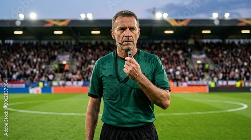 Soccer Referee on Stadium Field Whistling.