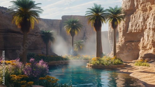 Desert oasis with palm trees, flowering plants, and a tranquil pool of water surrounded by rocky cliffs
