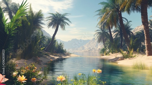 Desert oasis with palm trees, flowering plants, and a tranquil body of water reflecting the sky and distant mountains