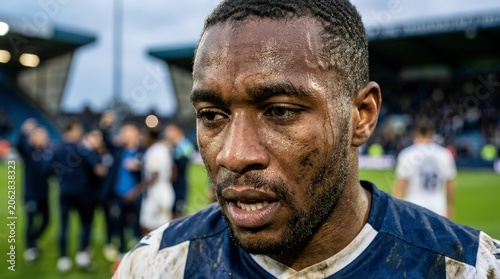 Sweaty soccer player on field closeup.
