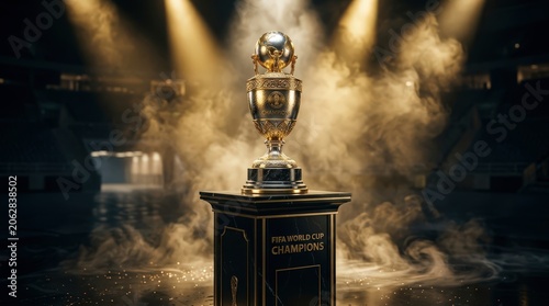 Trophy on pedestal with spotlight shining.