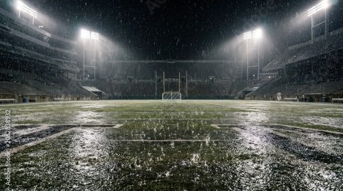 wet soccer field at night stadium.
