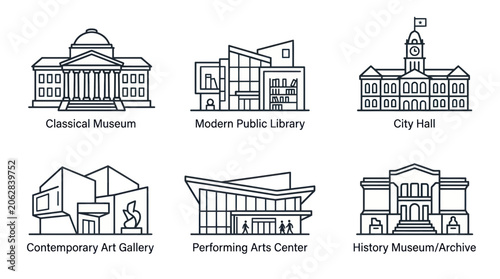 Foto Public building icons for museum library city hall and art gallery