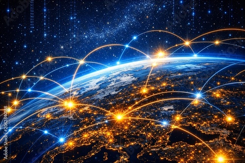 Earth from space with digital communication graphic