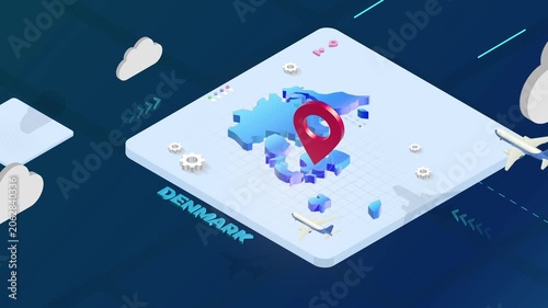 Isometric 3D Render of Denmark Map with Red Location Pin Pointer and Floating Airplanes