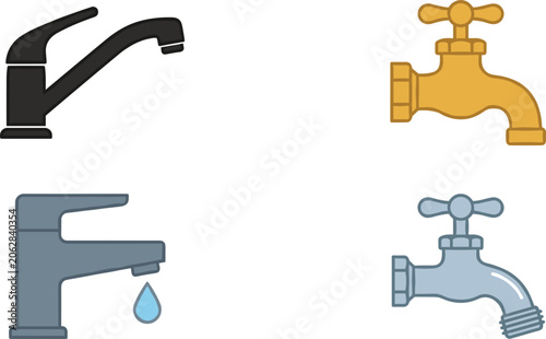 Schilderij op canvas Water Tap and Faucet Vector Icon Set with Modern Kitchen Mixers Vintage Brass Sp