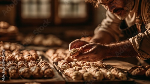 Paris France Europe lifestyle. A detailed, closeup shot of a man in a rustic bakery. He wears a beige shirt and apron, and his hands delicately hold a pastry with a creamy filling.