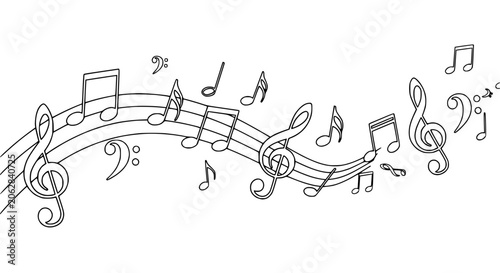 Foto Hand-drawn musical notes and staff, treble and bass clefs, dynamic melody