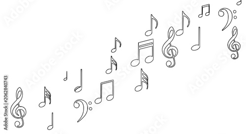 Photography Musical Notes and Symbols Flowing on White Background