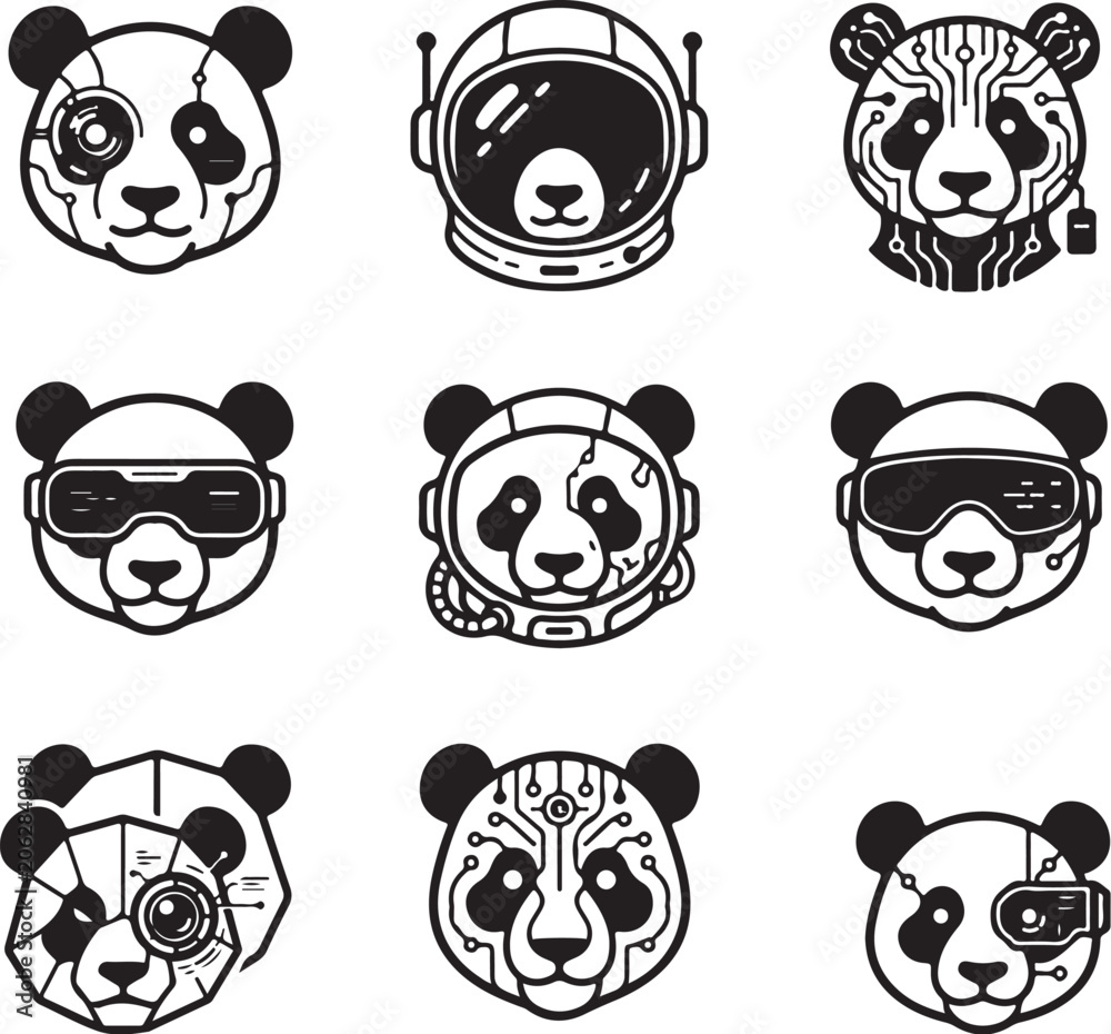 Fototapeta premium AI panda logo set. Cybernetic panda head icons. Tech panda vector collection. Minimalist artificial intelligence panda mascot. Robot panda design. Futuristic animal branding icons. Black and white pan