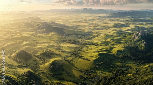 Expansive aerial view of rolling green hills and valleys bathed in warm, hazy sunlight under a cloudy sky