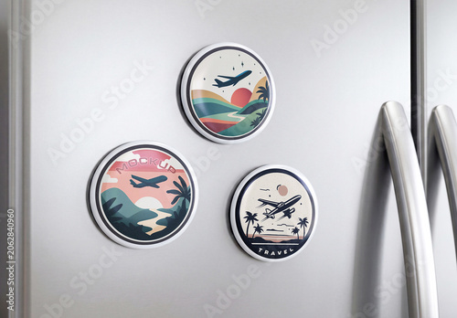 Three Circular Magnets on Metal Refrigerator Door Mockup