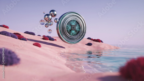 Abstract 3D Render of Metallic Cryptocurrency Coin with Microchip Pattern Floating Above Pink Sand Dunes and Water for Next-Generation Financial Technology Concept