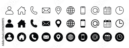 A comprehensive collection of essential contact and communication icons in outline, solid, and circular styles, suitable for web and app design interfaces.