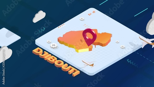 Isometric 3D Render of Djibouti Map with Red Location Pin Pointer and Floating Airplanes