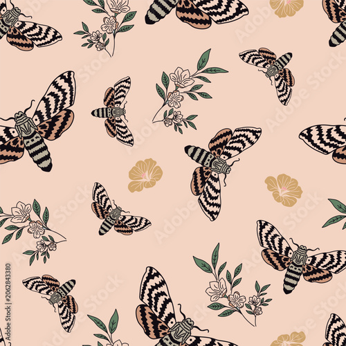 Flying Moths and Flowers Vector Seamless Pattern