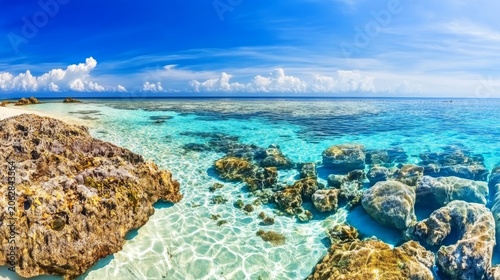 Expansive panoramic view of a tropical coral island with crystal clear turquoise water and rocky shore under a bright