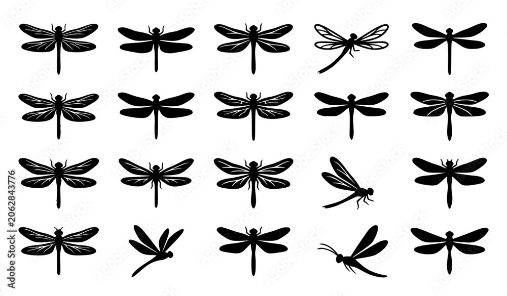 Fototapeta premium Dragonfly Black Silhouette Vector Pack with Minimal Flat Insect Icons