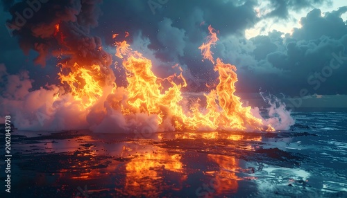 Intense Orange Flames Burning on Ocean Surface Beneath Dark Storm Clouds