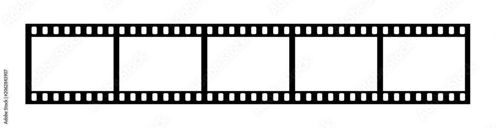 Fototapeta premium Black film strip vector illustration isolated on a transparent background, blank cinema negative film frame template with sprocket holes for photography and video editing.