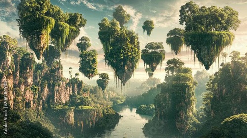 Floating islands covered in lush green trees and vegetation hover above a misty valley with a river