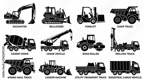 Foto Collection of various construction and industrial vehicles and machinery, illustrated in black and white