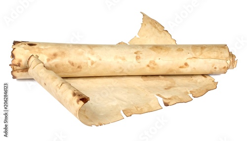 Aged Rolled Parchment Sheets Resting on White Background
