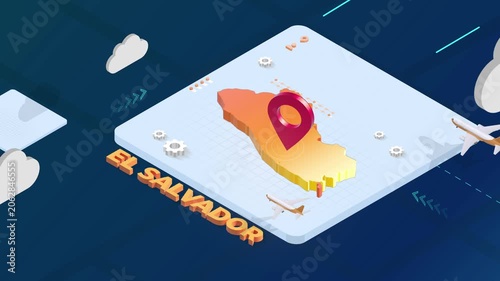 Isometric 3D Render of El Salvador Map with Red Location Pin Pointer and Floating Airplanes