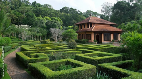 Tranquil garden with a charming house and intricate hedge maze.