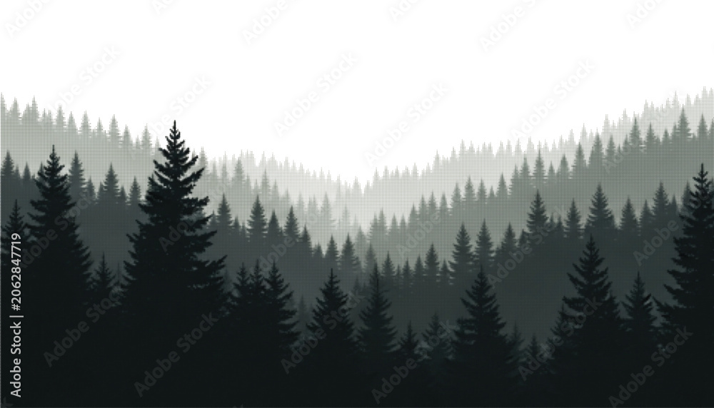 Fototapeta premium Misty mountain pine forest landscape wild nature ecology concept vintage halftone engraved vector illustration graphic element design