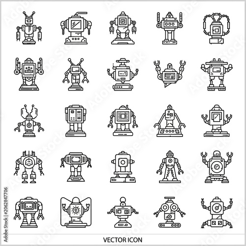 Collection of robot line icons.