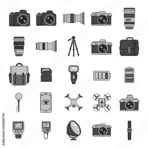 Collection of various camera equipment.