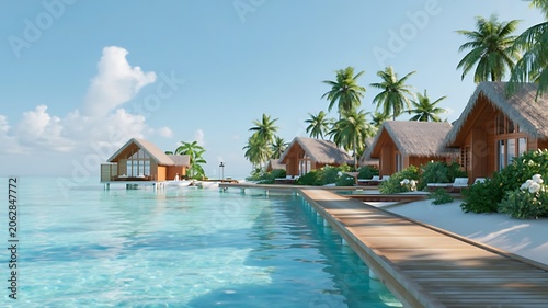 Luxury tropical resort villas over clear blue ocean water