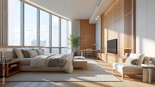 Modern luxury bedroom interior with large windows and city view