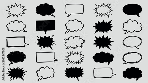 Collection of comic book style speech bubbles and thought clouds