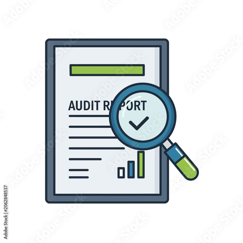 Magnifying glass on audit report document.