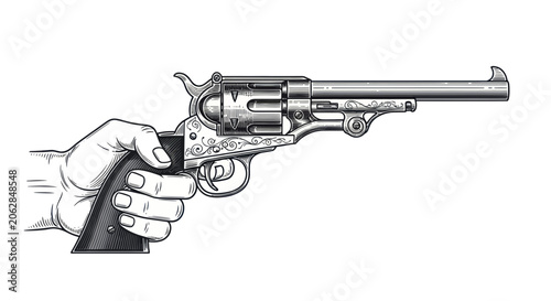 Obraz na plátně Hand holding vintage revolver handgun with engraved details