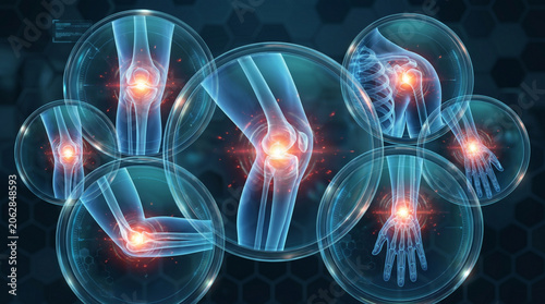 Abstract medical illustration featuring multiple human joints highlighting areas of pain and inflammation within circular holographic displays against dark digital honeycomb background.