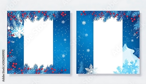 Christmas festive card frame with pine branches and snowflakes
