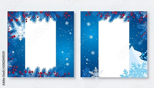 Christmas winter frame with pine branches and snowflakes