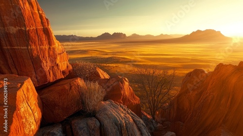 Golden sunrise illuminates a vast desert plateau with rugged rock formations in the foreground