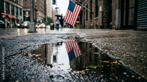 American flag reflected in a rain puddle on a city street