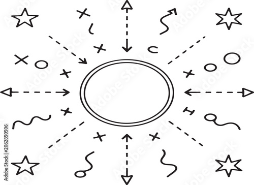 Abstract Hand-Drawn Doodle Symbols and Circle Pattern Background With Playful Monochrome Icons.
