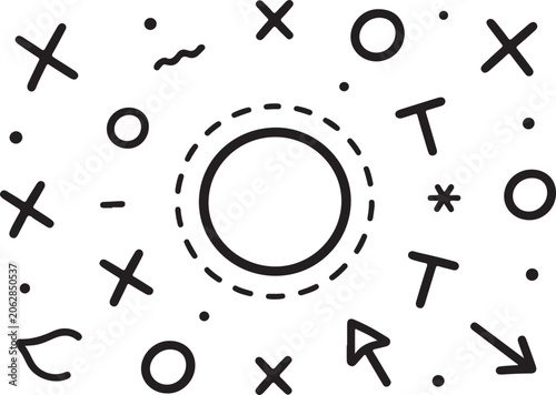 Abstract Hand-Drawn Doodle Symbols and Circle Pattern Background With Playful Monochrome Icons.
